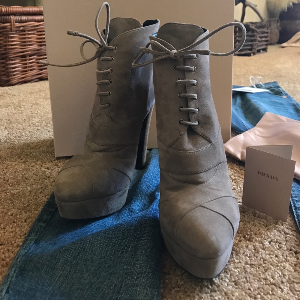Auth PRADA Suede Platform Booties Boots Shoes 38.5